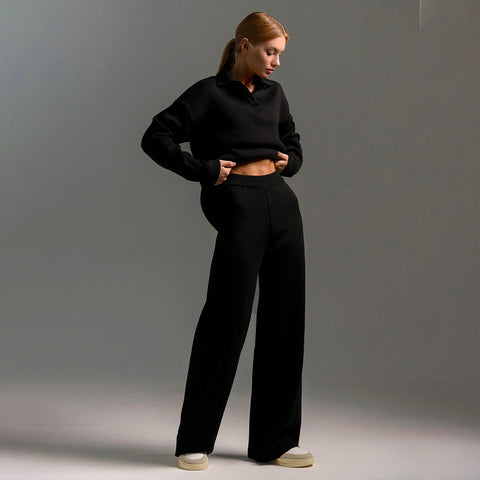 Knitted set European and American autumn and winter sweater set Polo neck knitted jumper + wide-leg trousers two-piece set m301788