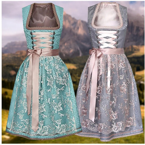 Oktoberfest Damenrock mit eckigem Ausschnitt und Taillengurt, Spitzenschürze m300483 