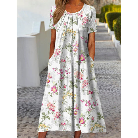 Robe mi-longue élégante à manches courtes et imprimé poche M300198 