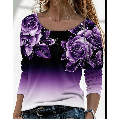Langärmliges, lockeres, lässiges Pullover-T-Shirt mit Rundhalsausschnitt und 3D-Druck für Damen m300857 