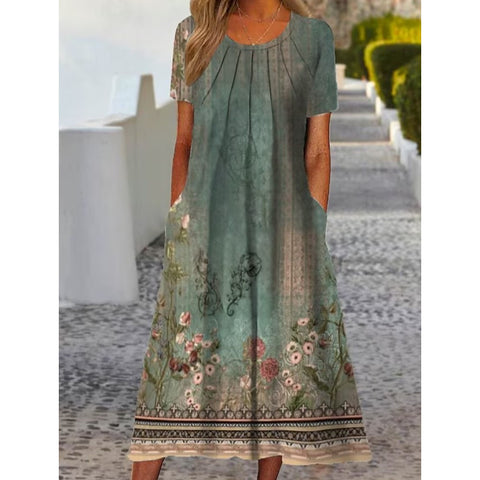Robe mi-longue élégante à manches courtes et imprimé poche M300198 