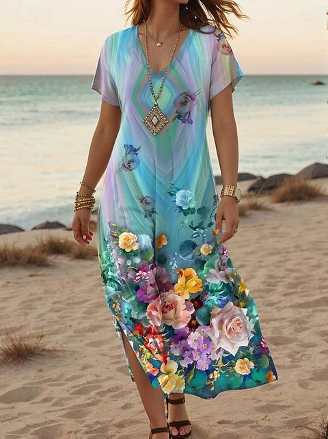 Robe d'été à manches courtes et col en V pour femme, motif floral créatif, nouvelle collection m301230 