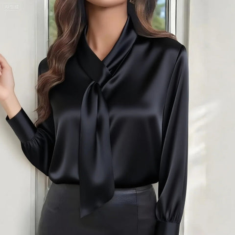 Autumn solid color fashion design sense streamer long sleeve shirt women's m302360