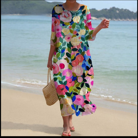 Robe longue à col ras du cou pour femme, imprimée, décontractée, tendance, m301059