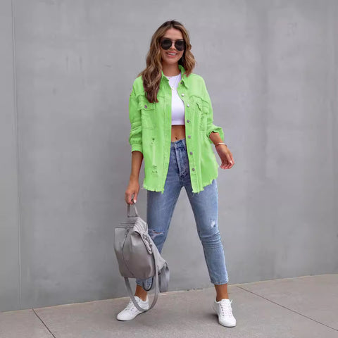 Veste en jean déchirée à ourlet brut, haut décontracté à manches longues et col polo M300220 