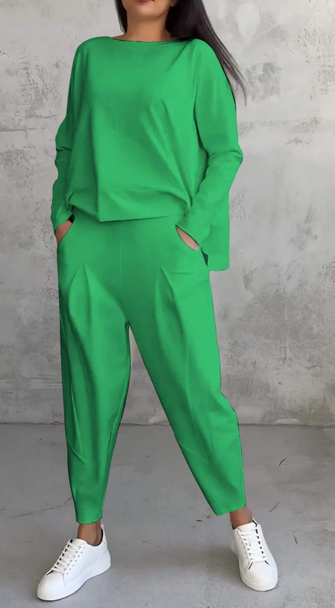 Women's solid color round neck long-sleeved suit women's pocket pants trousers m301510