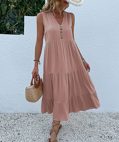 Robe d'été populaire à jupe plissée sans manches, ample, col en V, moyenne et longue, m300851 