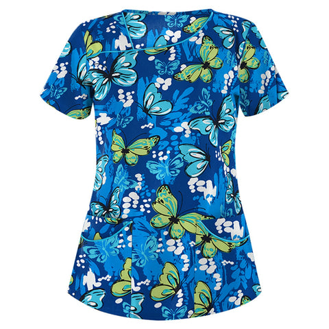 Printed V-neck short-sleeved pocket T-shirt women's top m301596