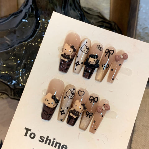 Faux ongles amovibles en forme d'œil de chat Hello Kitty marron de qualité supérieure, longs et blancs, avec autocollant m3331216
