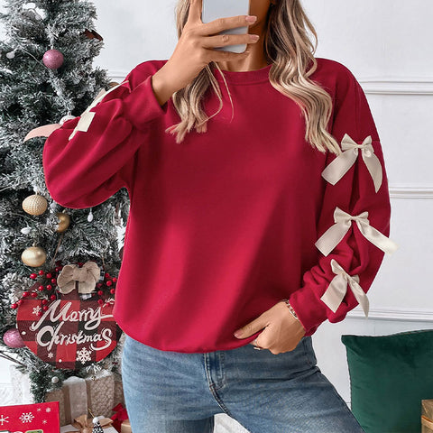 Roter Pullover mit Rundhalsausschnitt und Schleife für Damen, m300806 