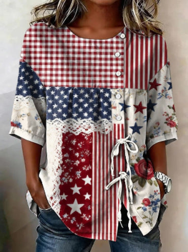 Color matching loose blouse five-button drawstring shirt m302758