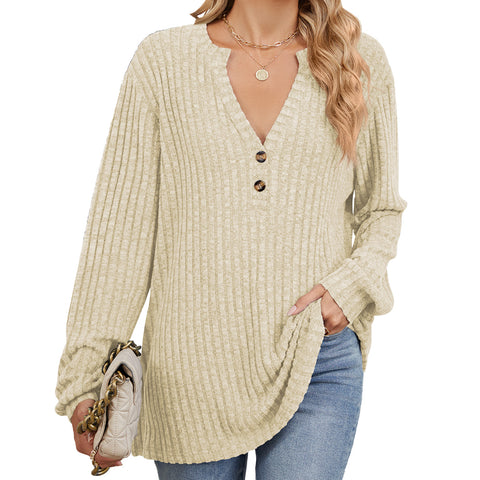 Autumn and winter new solid color pit strip polished button loose long-sleeved T-shirt women's m301772