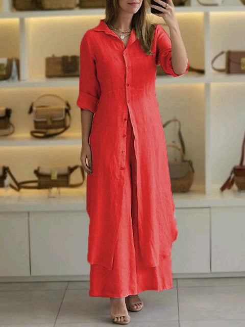 Ensemble élégant en coton et lin, coupe ajustée, chemise à manches longues et pantalon large m301063 