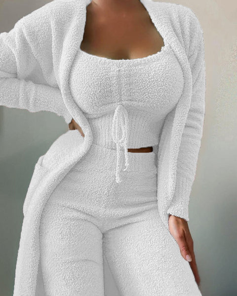 Plüschiges dreiteiliges Pyjama-Set mit Schnürung, lässiges Loungewear-Set, m301066 