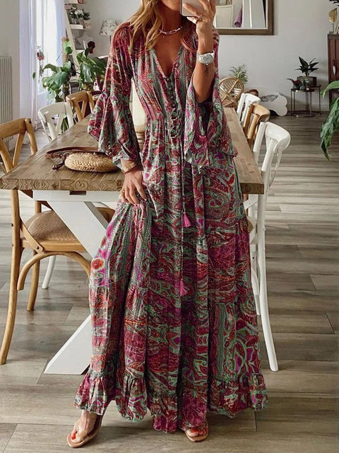 Robe de vacances bohème à manches évasées, imprimée, col en V, taille haute, m300709 