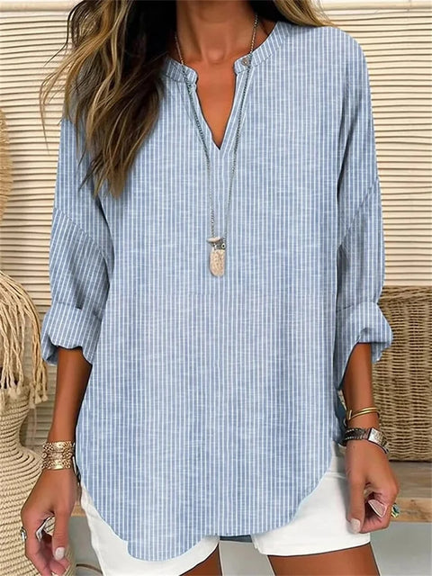 Petit T-shirt à manches longues et col en V pour femme, boutonné sur l'épaule, ourlet incurvé, m301361 