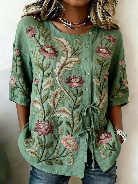 Color matching loose blouse five-button drawstring shirt m302758