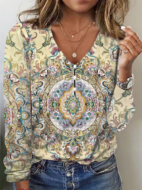 Pull-shirt à manches longues et col en V avec boutons nacrés et étoiles tie-dye m300609 
