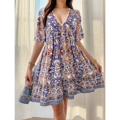 Robe décontractée à col en V imprimée pour les vacances de printemps et d'été M300211 