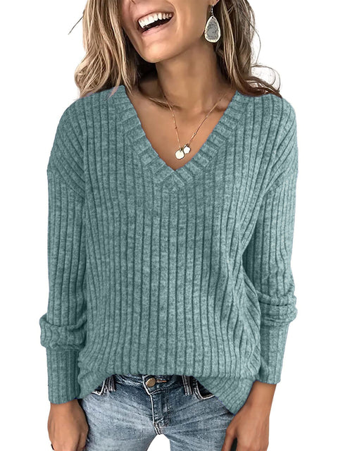 Women's long-sleeved V-neck pit strip polished knitted top T-shirt m302092