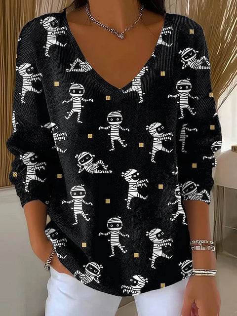 Shoulder V-Neck Long Sleeve Pullover 3D Digital Printing Women's Top T-Shirt m302616