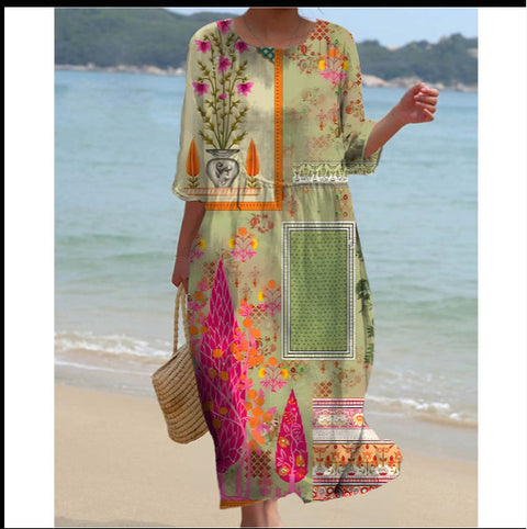 Robe longue à col ras du cou pour femme, imprimée, décontractée, tendance, m301059
