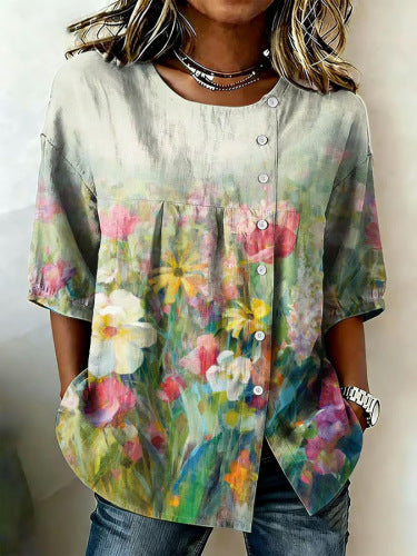 Color matching loose blouse five-button drawstring shirt m302758