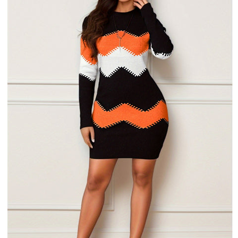 Robe fourreau mi-longue en maille imprimée, col rond, manches longues, M300204 