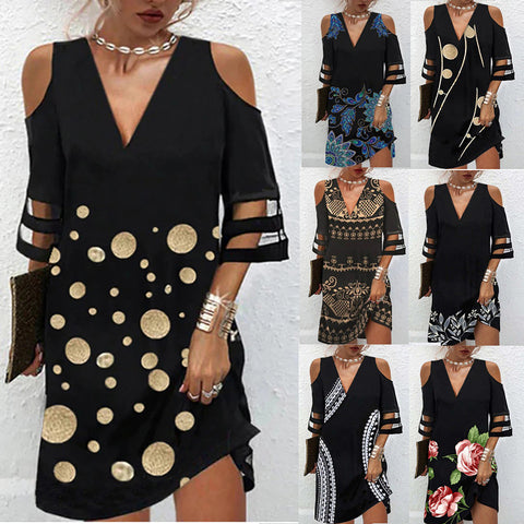 Robe à manches mi-longues et col en V avec coutures en maille fleurie M300180 