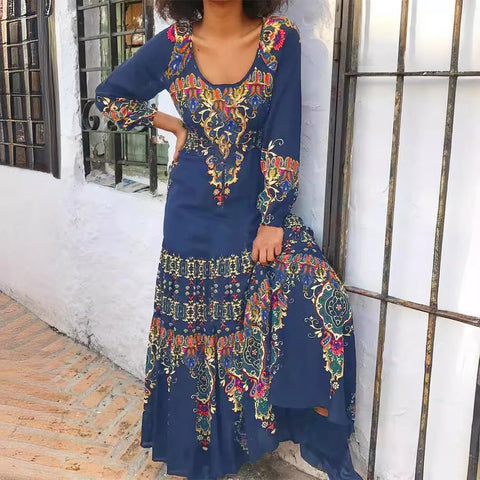 Robe élégante à manches longues, imprimé automne, col en U, style vacances balnéaires, m300927 