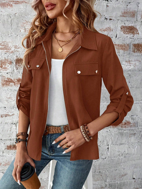 lapel zipper cardigan purse hat solid color long sleeve jacket m300675