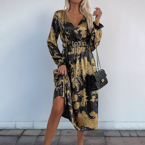 Robe bronzante à col en V et manches longues pour femme, haut de gamme, collection automne M300808 