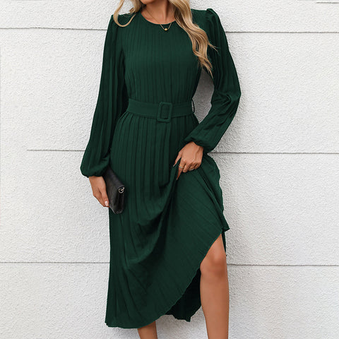 Robe longue plissée à manches longues, col rond, taille haute, pour femme, m300809 