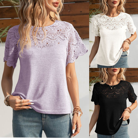 New European and American fashion crew neck lace splicing shoulder-plugged short-sleeved T-shirt top m302651