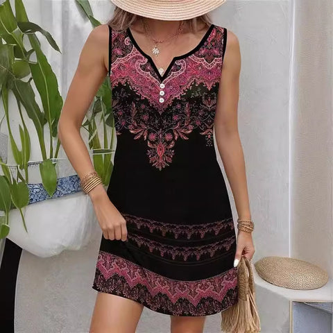 Bedrucktes, ärmelloses Kleid mit V-Ausschnitt und Hosenträgern, modisch und lässig, m300105 