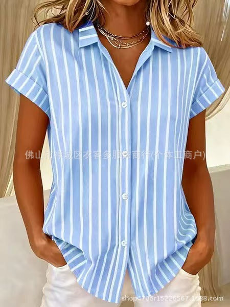 Women's Printed Striped Shirt Collar Short Sleeve Shirt m302756
