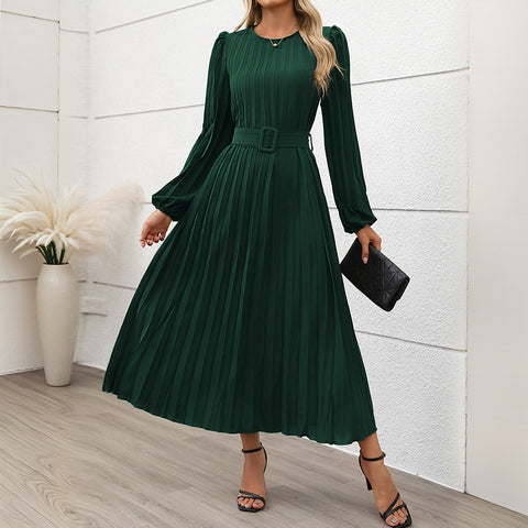 Robe longue plissée à manches longues, col rond, taille haute, pour femme, m300809 