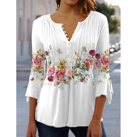 T-shirt imprimé à col en V et manches courtes, boutonné et plissé, m300032 