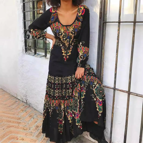 Robe élégante à manches longues, imprimé automne, col en U, style vacances balnéaires, m300927 