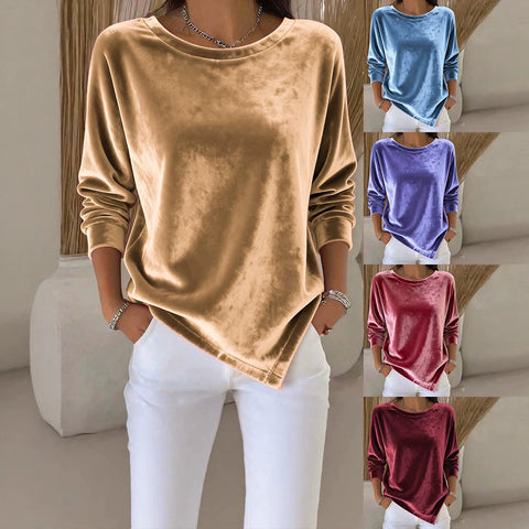 Casual Crew Neck Velvet Solid Color Long Sleeve Women's T-Shirt FF303114
