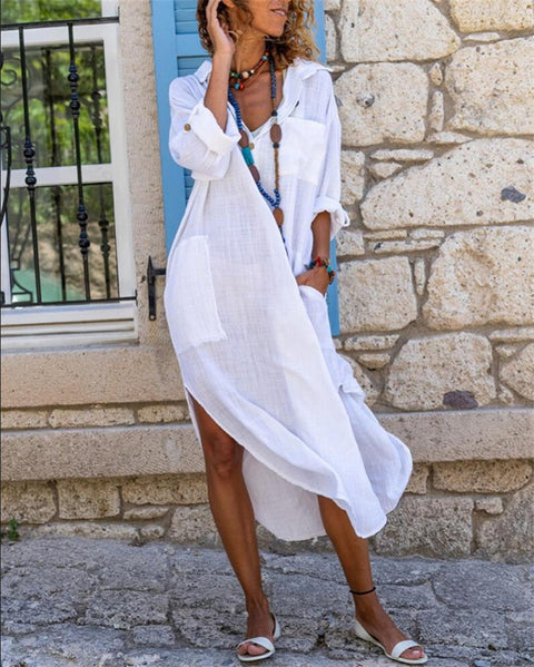 Solid Color Buttons Slit Loose Breathable Casual Shirt Cotton Linen Long Shirt Dress Female M300171