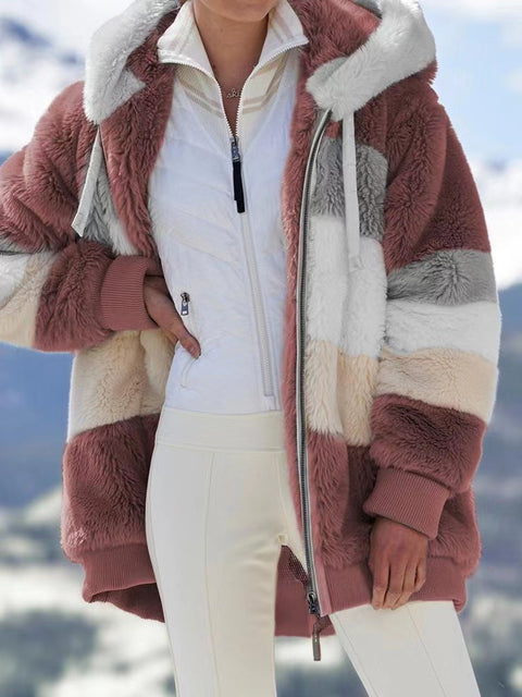 Warm plush patchwork zipper pocket hooded loose coat women m300611