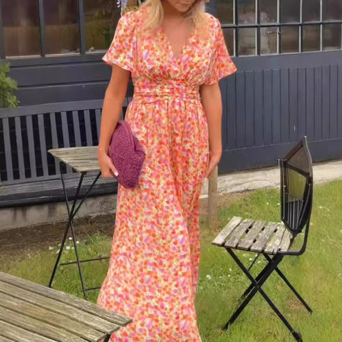 Robe imprimée tempérament à col en V et taille M301307 