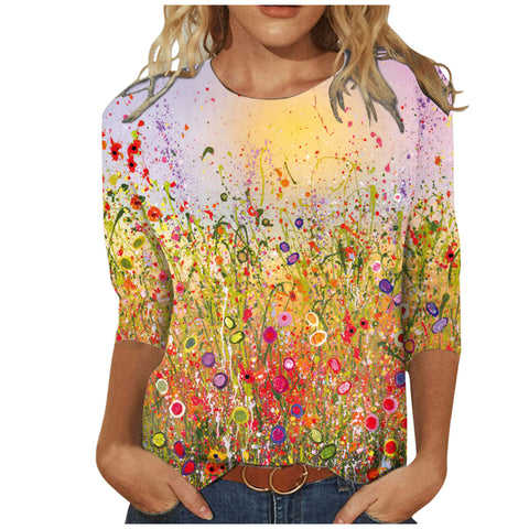 T-shirt ample à col rond et manches 3/4 pour femme, imprimé M300227 