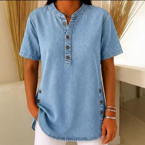 Crew Neck Button Daily Commuter Denim Casual Short Sleeve T-Shirt m303259