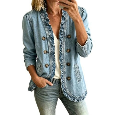 Washed denim jacket women's ruffle edge button-up denim jacket m303256