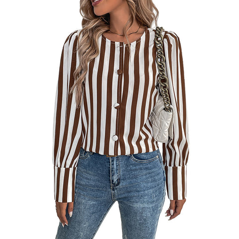Cardigan simple boutonnage à col en V, chemise femme à manches longues à rayures contrastées m300818 