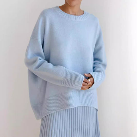 Women's knitted sweater crew neck solid color loose sweater m300667