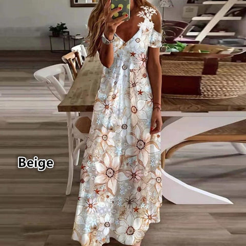 Robe ample imprimée à col en V et bretelles en dentelle pour l'été m301218 