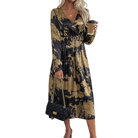 Robe bronzante à col en V et manches longues pour femme, haut de gamme, collection automne M300808 